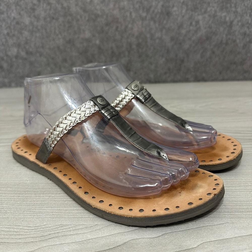 UGG Bria Sandals Women Size 8 Silver Braided Flip Flop Metallic Leather 1006873